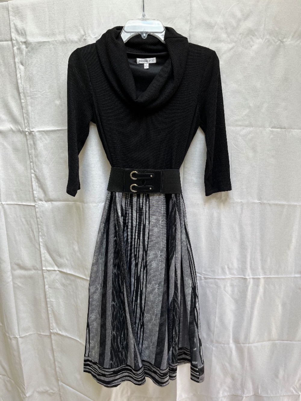 Black & Grey Ribbed Cowl Neck A-Line Midi Dress